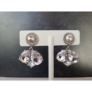 Clear Rhinestone Dangling Pierced Earrings Vintage Costume Jewelry, READ